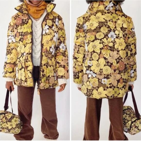 Zara Floral Oversized 2-in-1 Puffer Jacket Coat Sz XL Water Repellant 70s Yellow - Picture 1 of 15